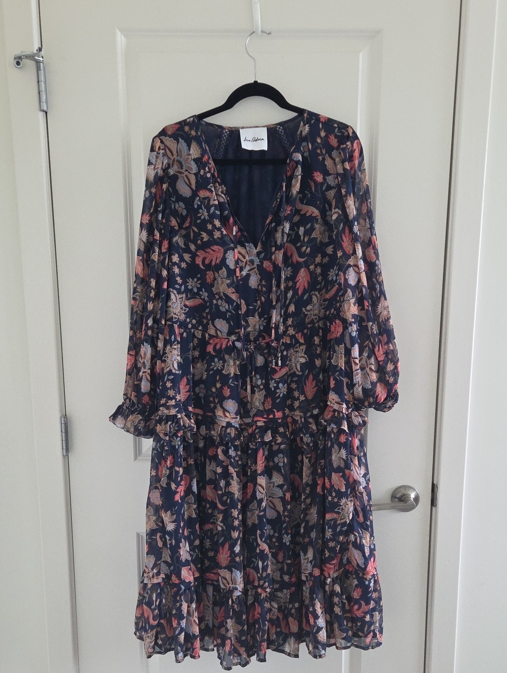 Sam Edelman Navy Floral V-Neck Tiered Long Sleeve Dress
